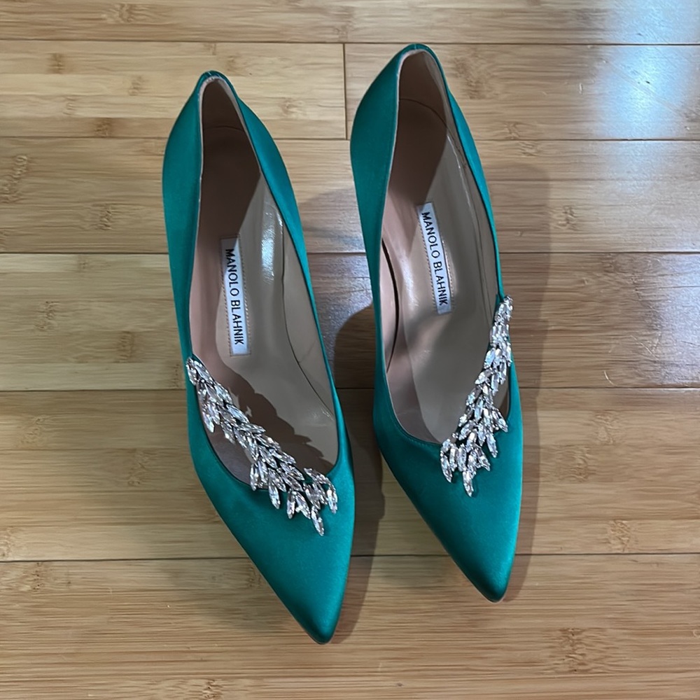 Manolo Blahnik Teal Satin Pointed-Toe Crystal Leaf Pumps